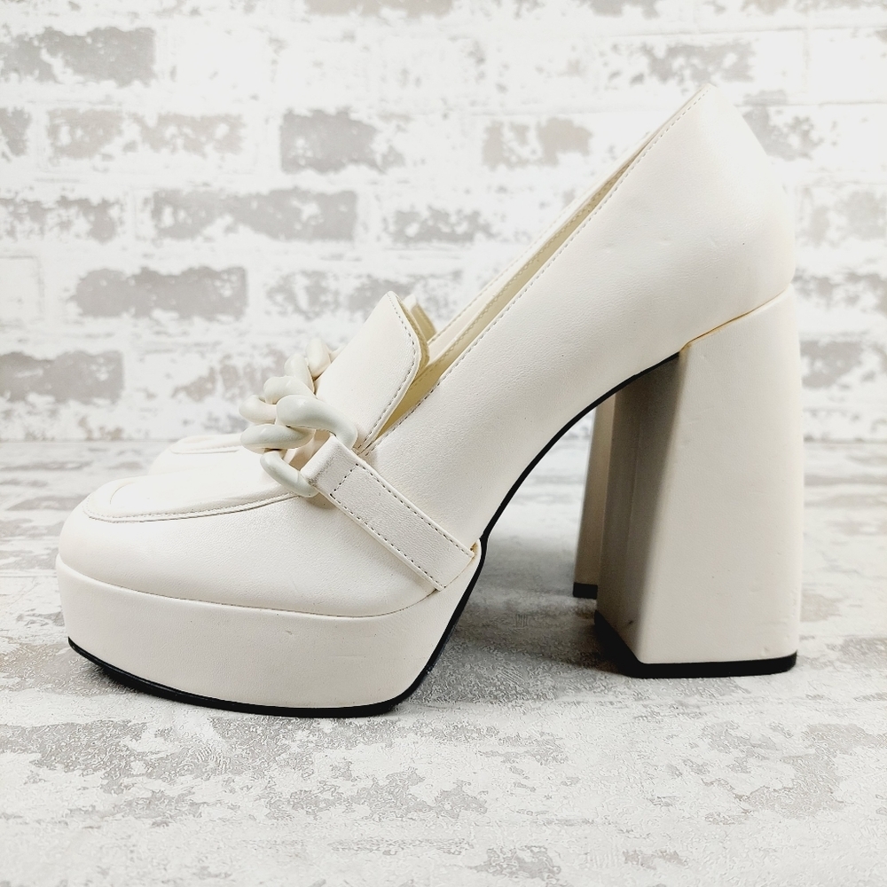 New Open Edit Women White Round Toe Chain Chunky Mid Platform Heels Shoes B501